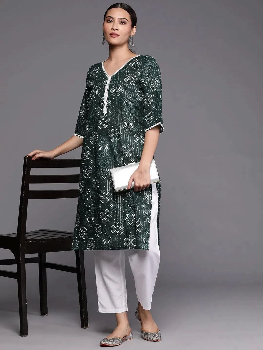 Green Printed Cotton Straight Kurta - Libas