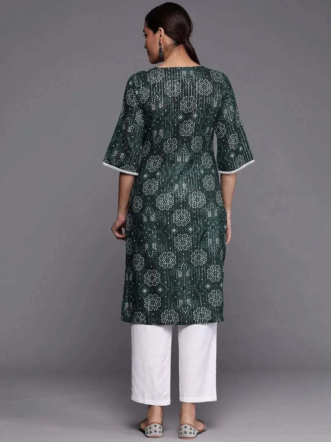 Green Printed Cotton Straight Kurta - Libas