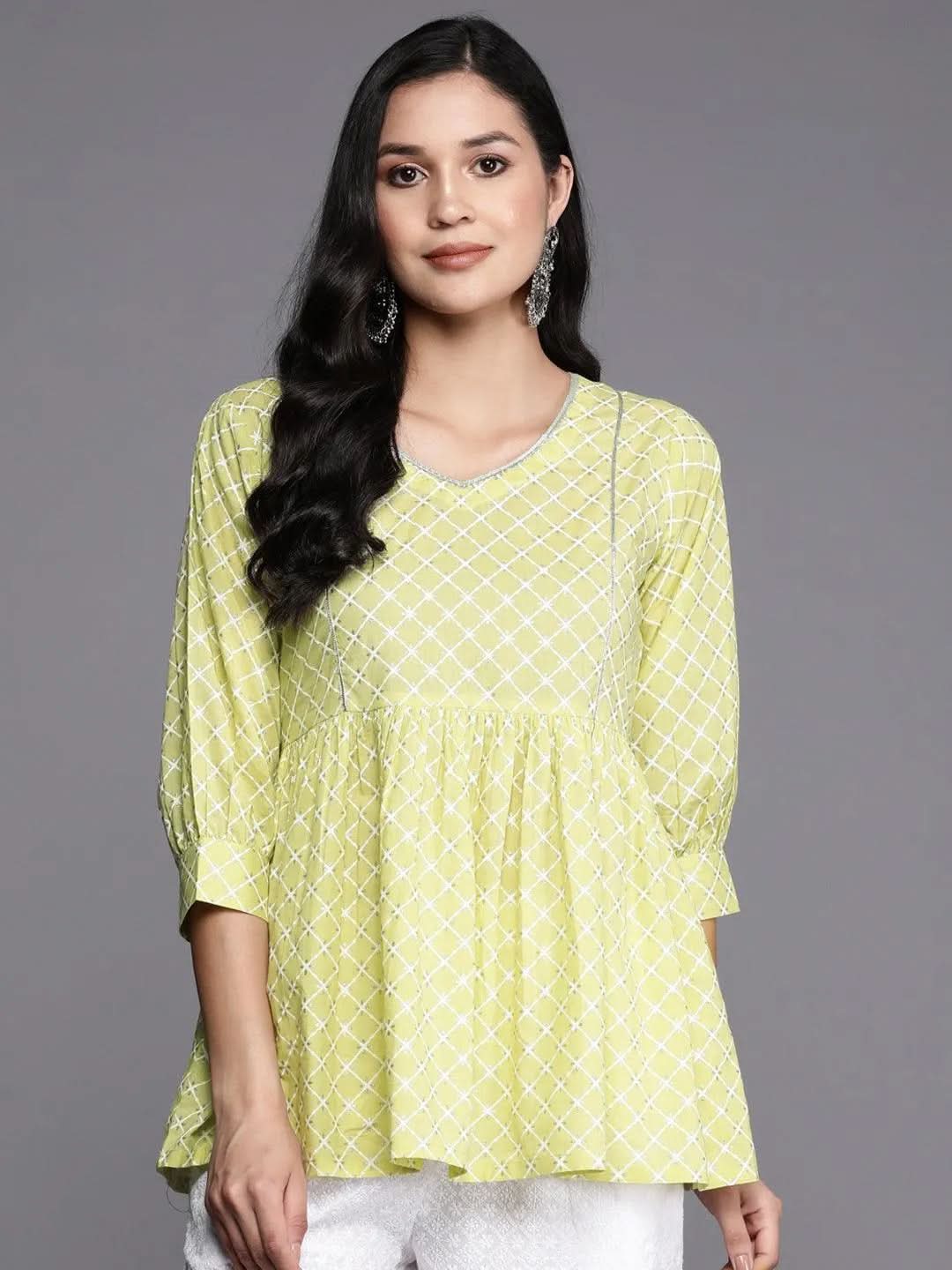 Green Printed Cotton Straight Kurti - Libas