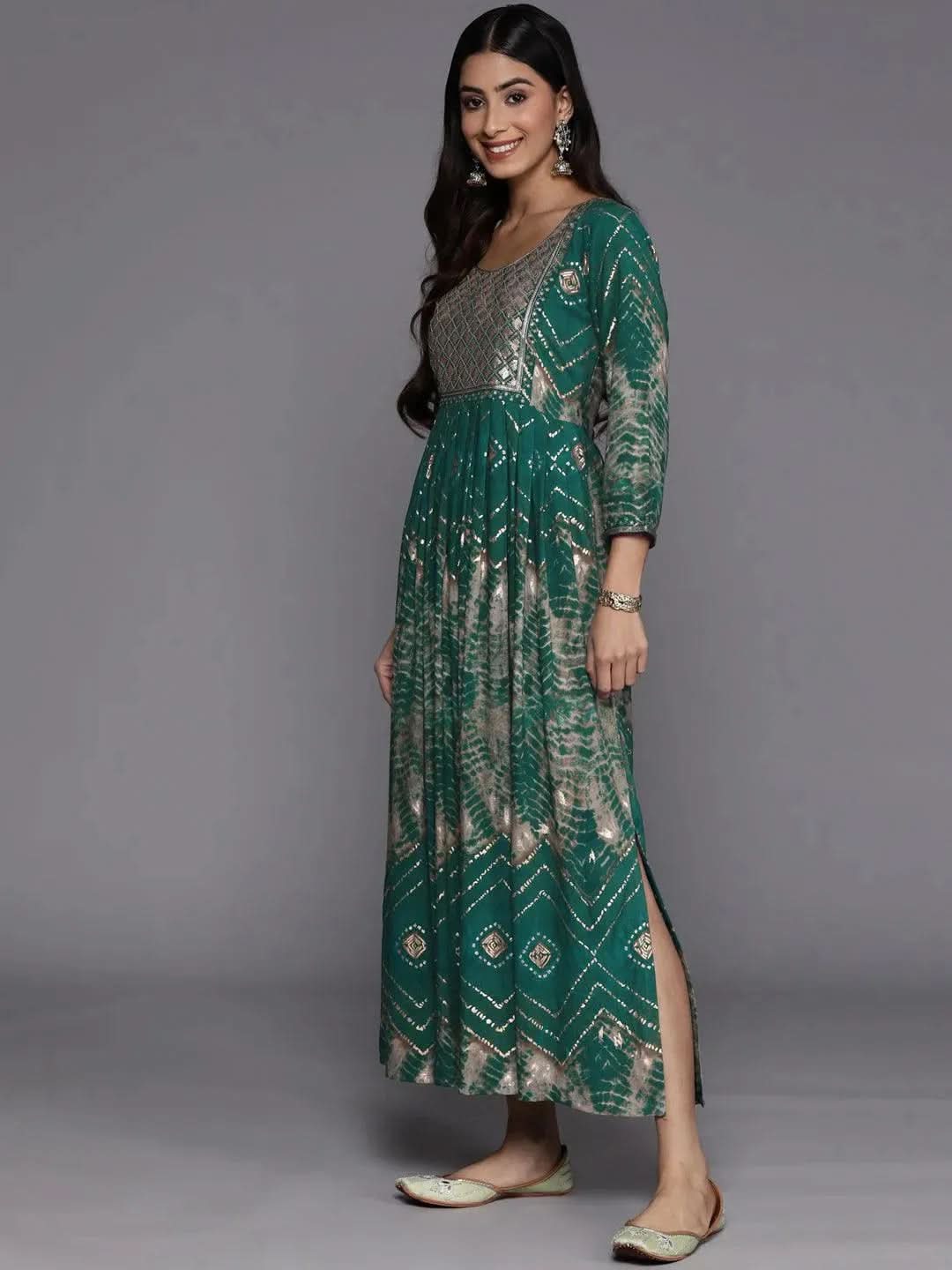 Green Printed Fit and Flare Rayon Dress
