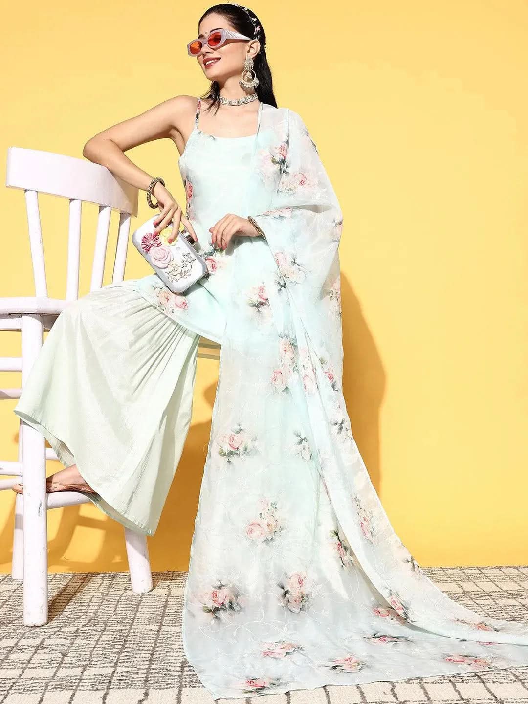 Green Printed Organza Straight Sharara Suit Set With Dupatta