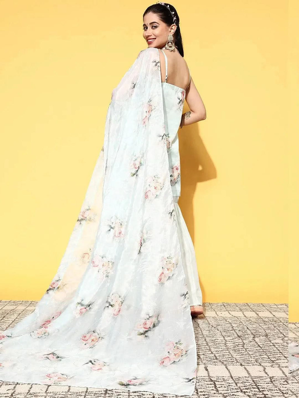 Green Printed Organza Straight Sharara Suit Set With Dupatta