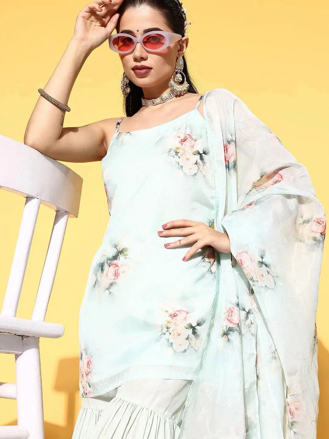 Green Printed Organza Straight Sharara Suit Set With Dupatta