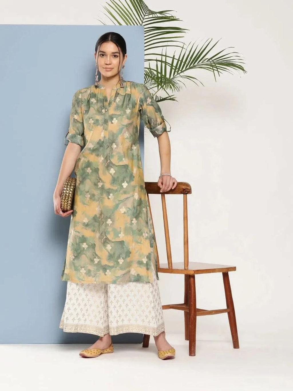 Green Printed Silk Straight Kurta - Libas