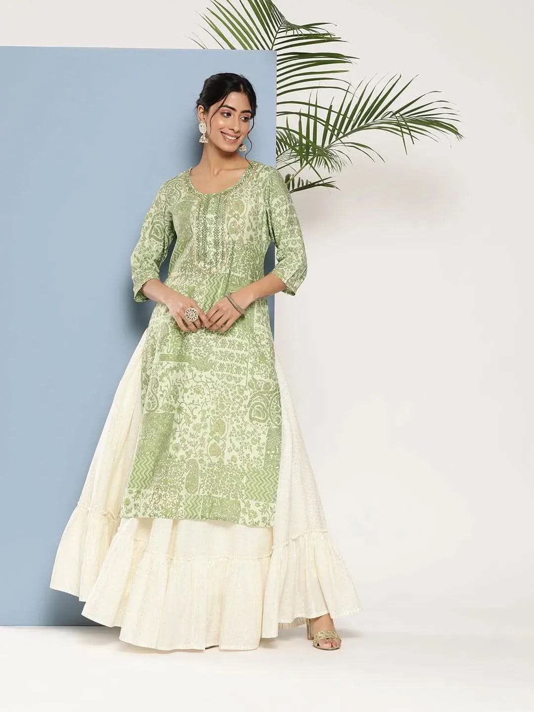 Green Printed Silk Straight Kurta - Libas