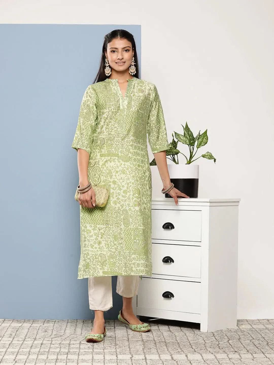 Green Printed Silk Straight Kurta - Libas