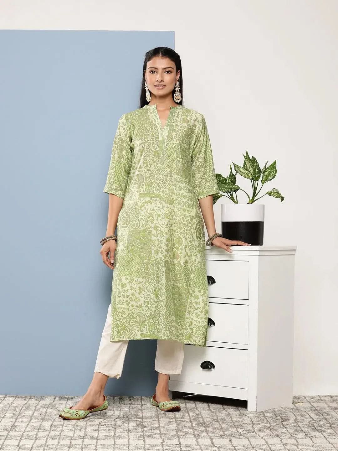 Green Printed Silk Straight Kurta - Libas