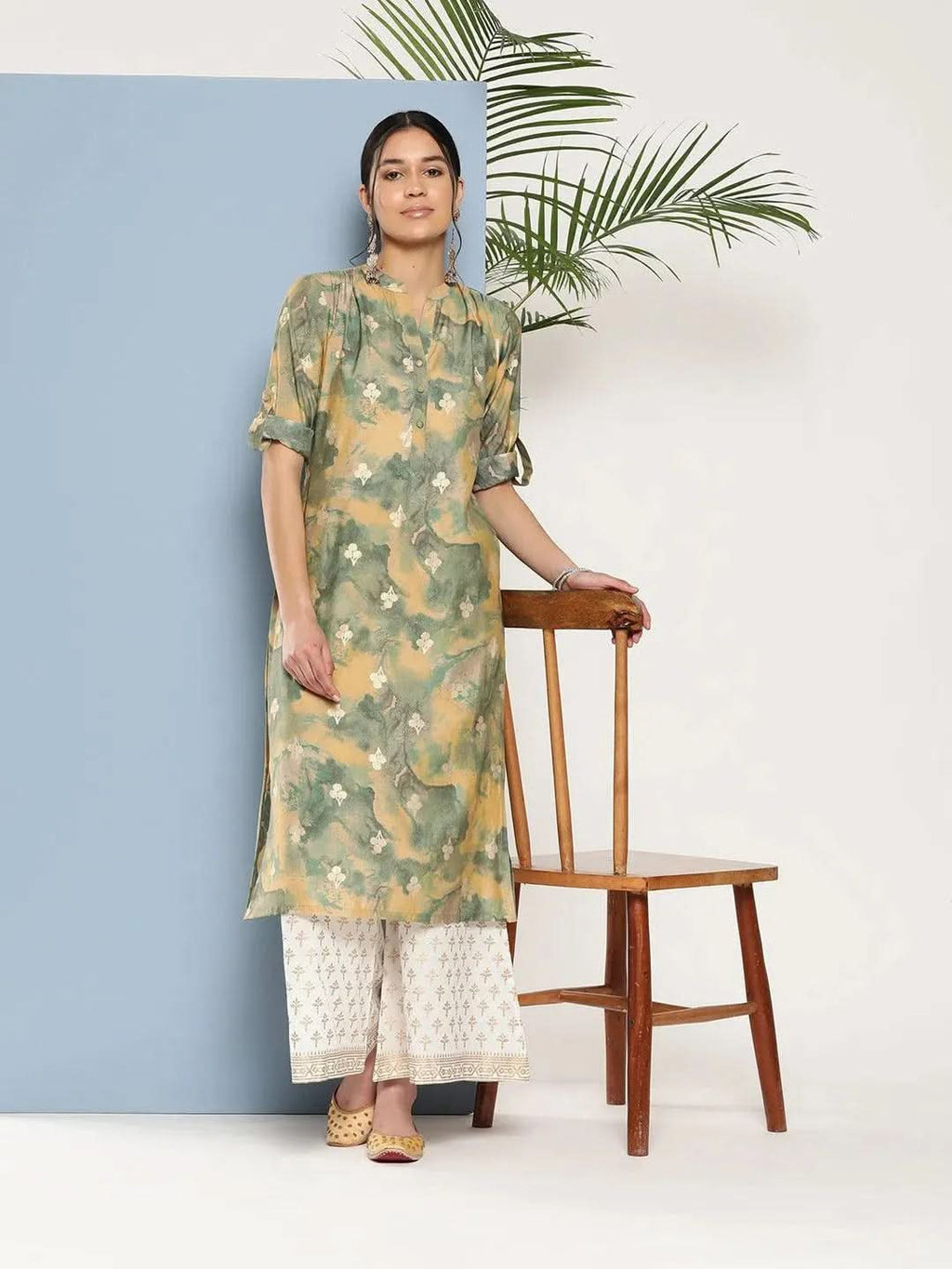 Green Printed Silk Straight Kurta - Libas