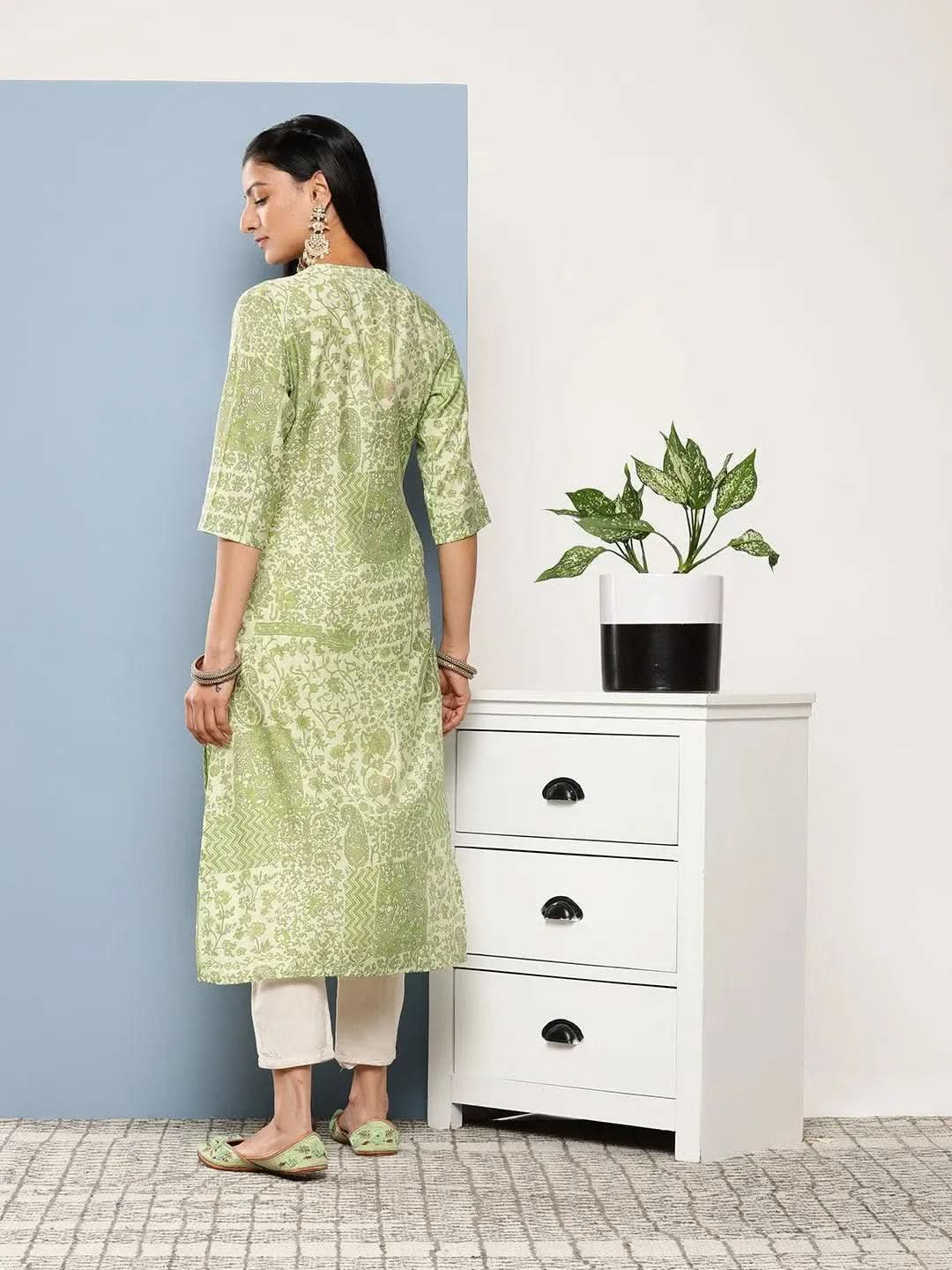 Green Printed Silk Straight Kurta - Libas