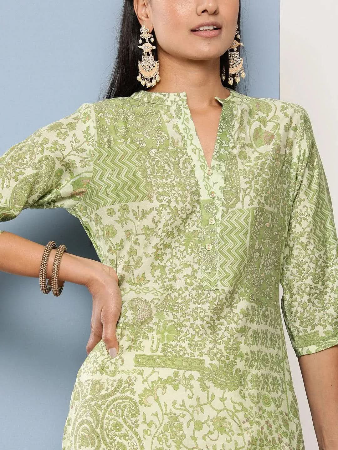 Green Printed Silk Straight Kurta - Libas