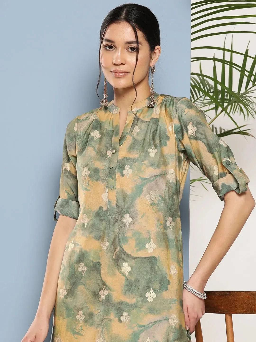 Green Printed Silk Straight Kurta - Libas