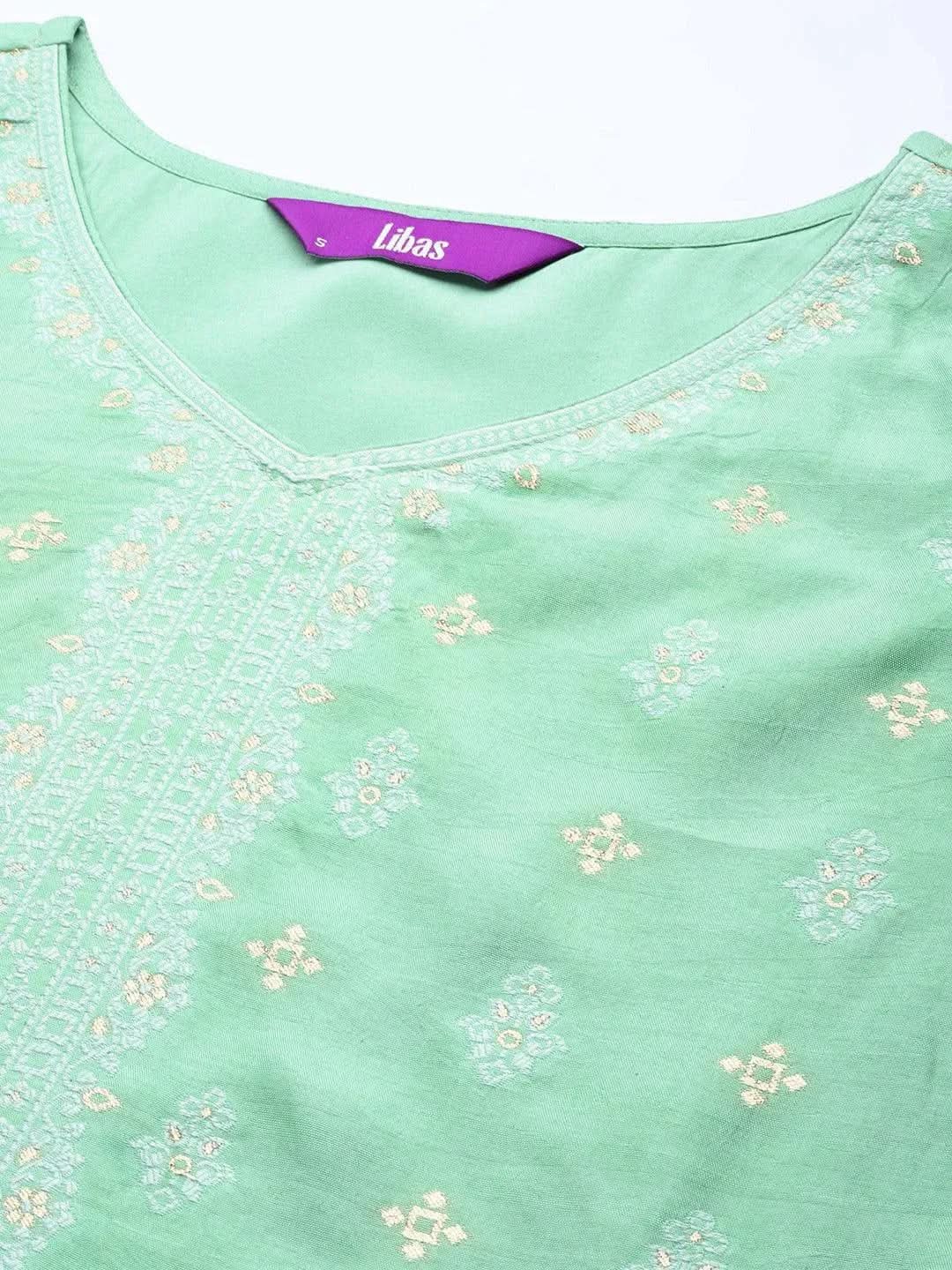 Green Self Design Silk Blend Straight Kurta With Trousers & Dupatta