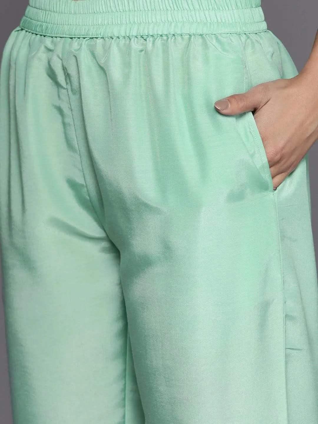 Green Self Design Silk Blend Straight Kurta With Trousers & Dupatta