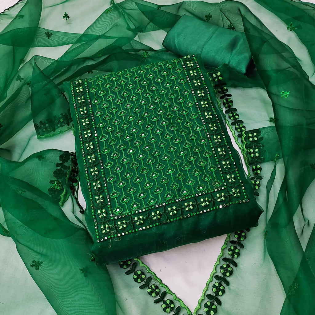 Green Sequins Embroidered Organza Dress Material