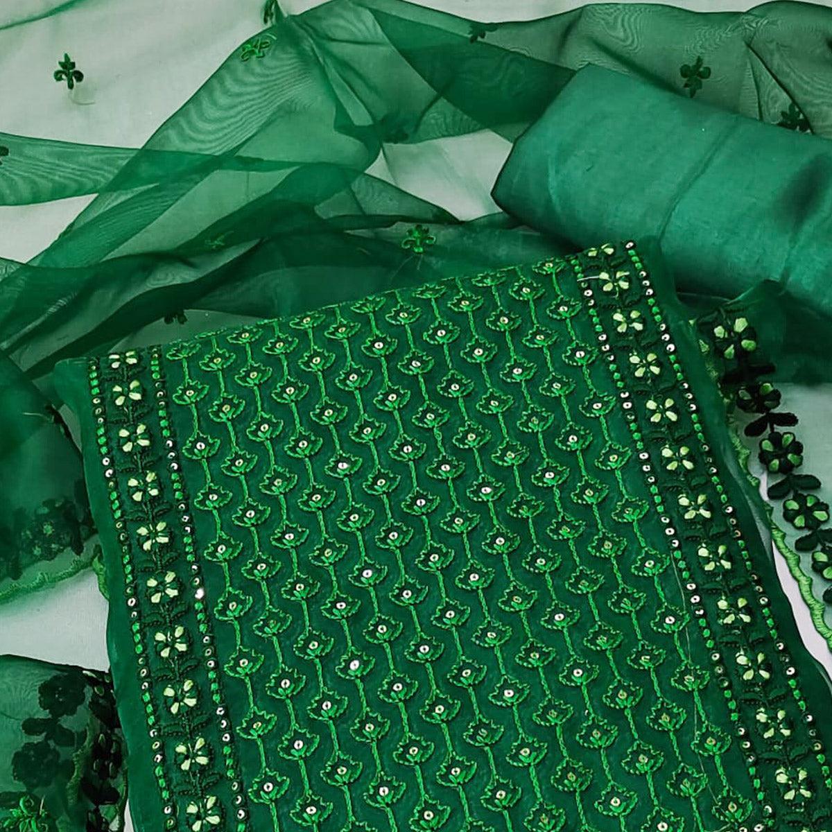 Green Sequins Embroidered Organza Dress Material