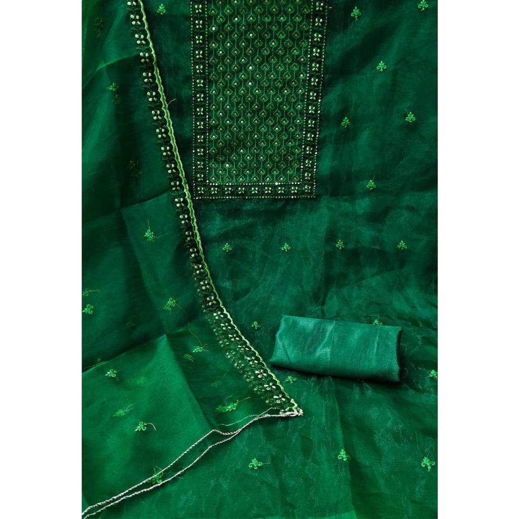 Green Sequins Embroidered Organza Dress Material