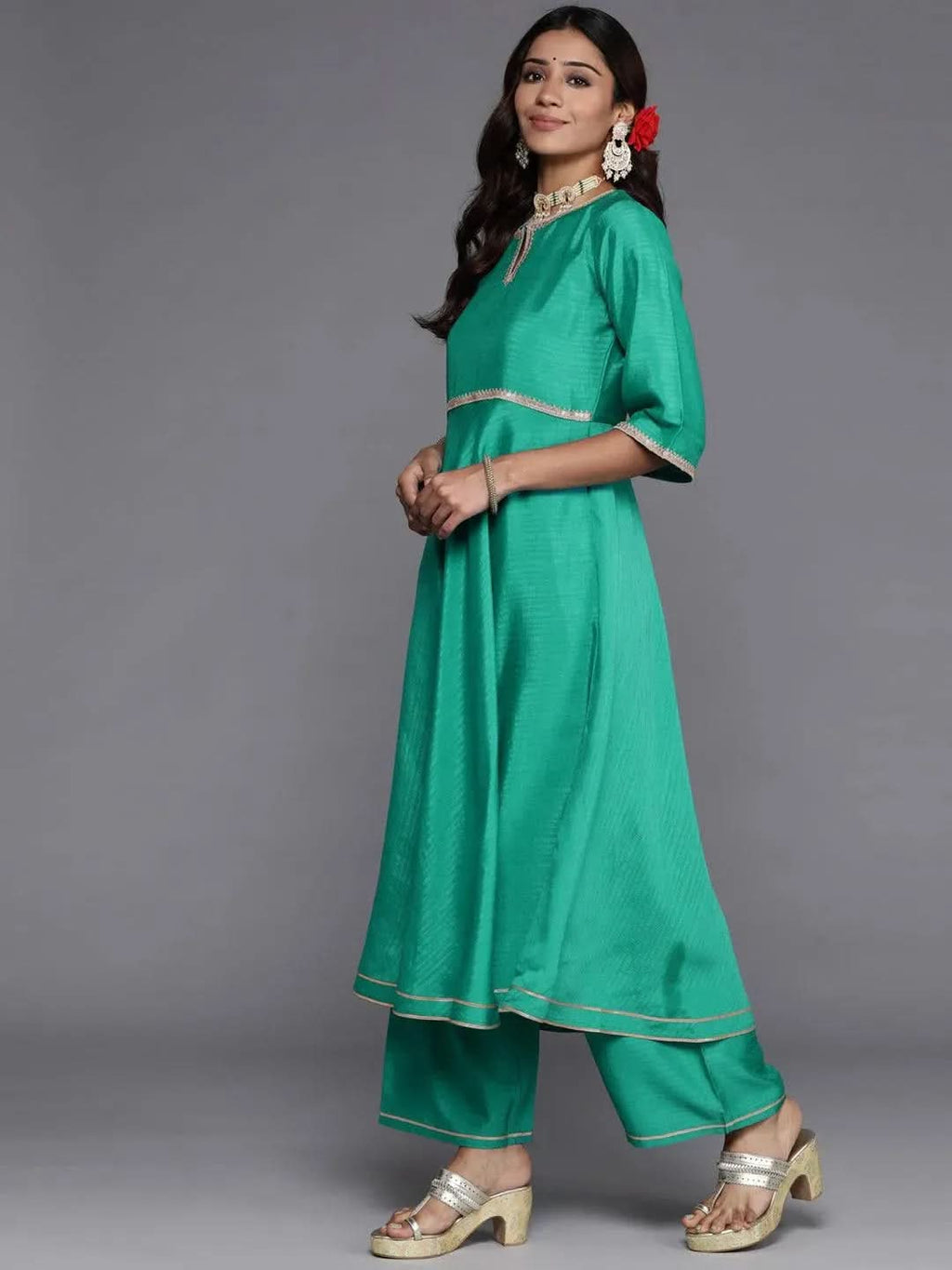 Green Solid Silk Blend Anarkali Kurta With Palazzos & Dupatta