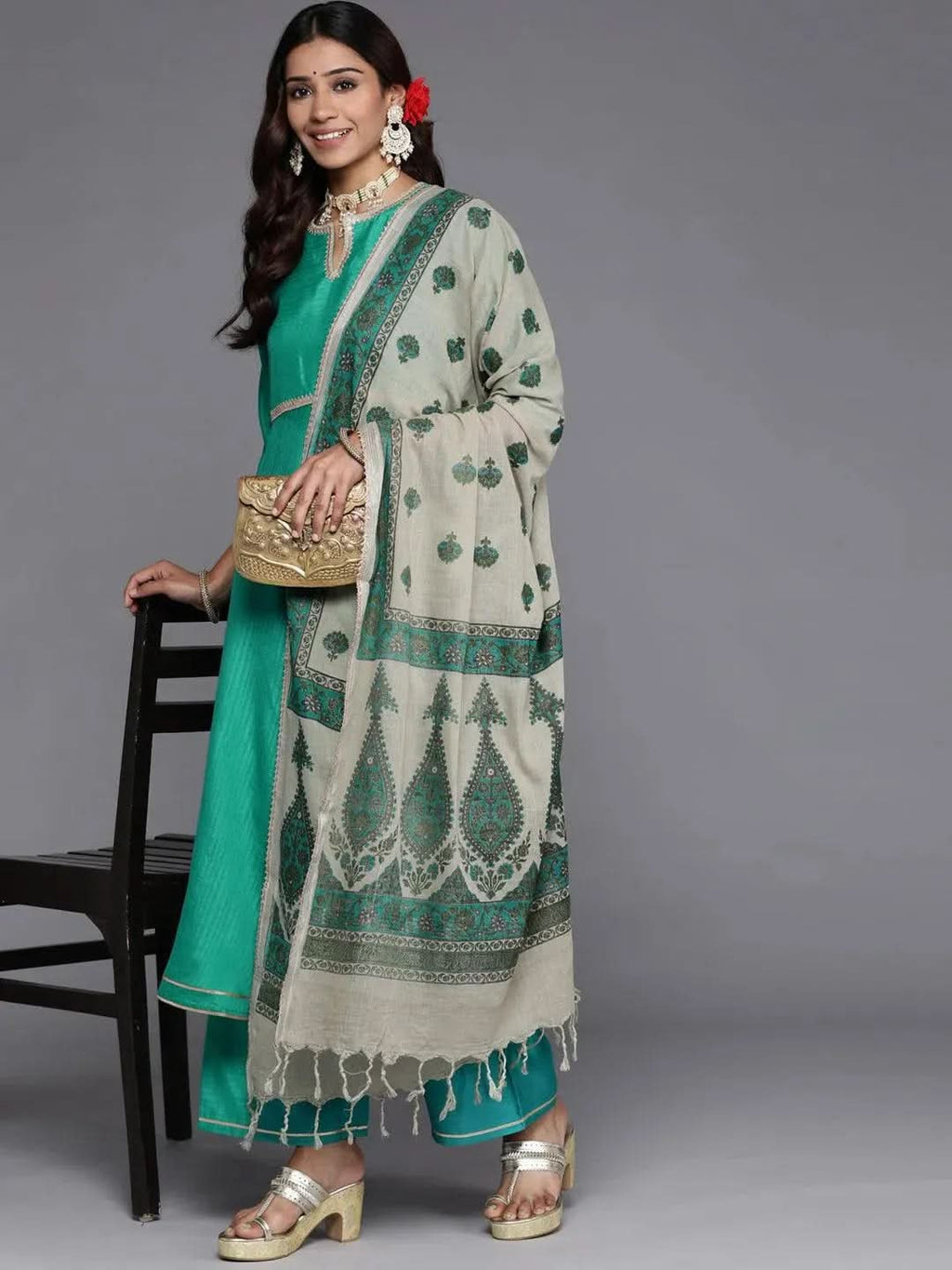 Green Solid Silk Blend Anarkali Kurta With Palazzos & Dupatta