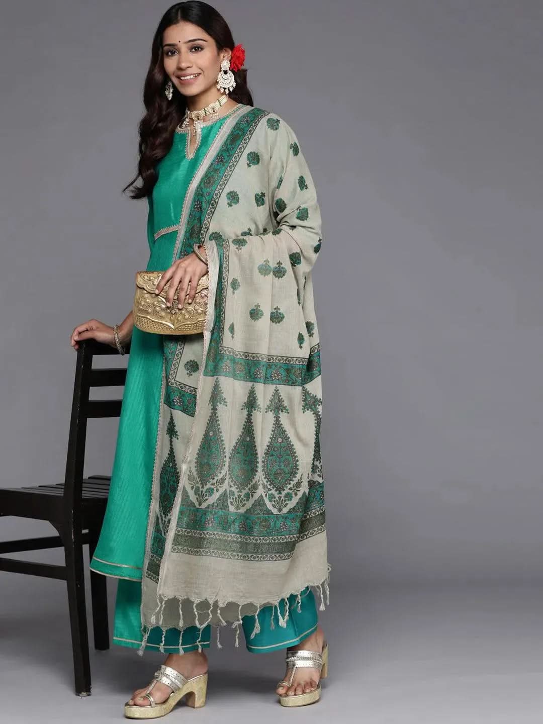 Green Solid Silk Blend Anarkali Kurta With Palazzos & Dupatta