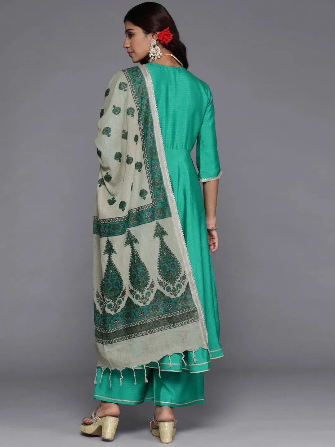Green Solid Silk Blend Anarkali Kurta With Palazzos & Dupatta