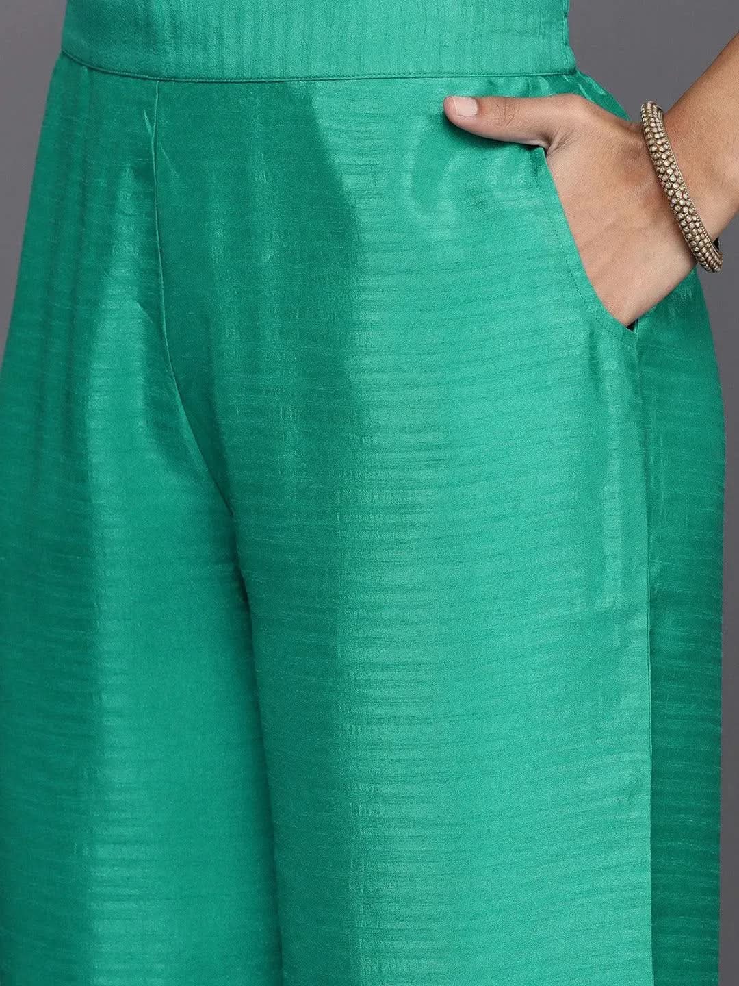 Green Solid Silk Blend Anarkali Kurta With Palazzos & Dupatta