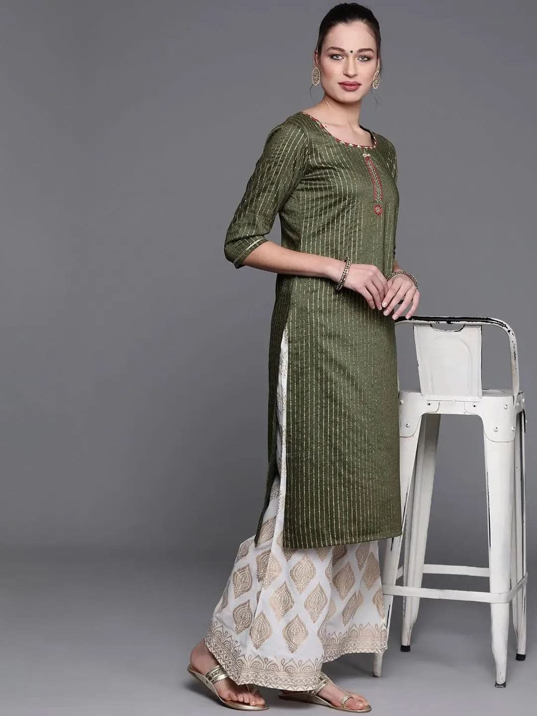 Green Striped Chanderi Silk Kurta - Libas