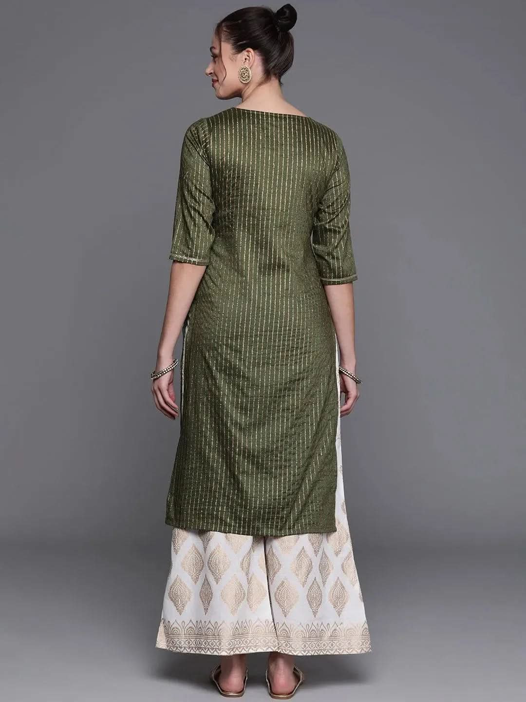 Green Striped Chanderi Silk Kurta - Libas