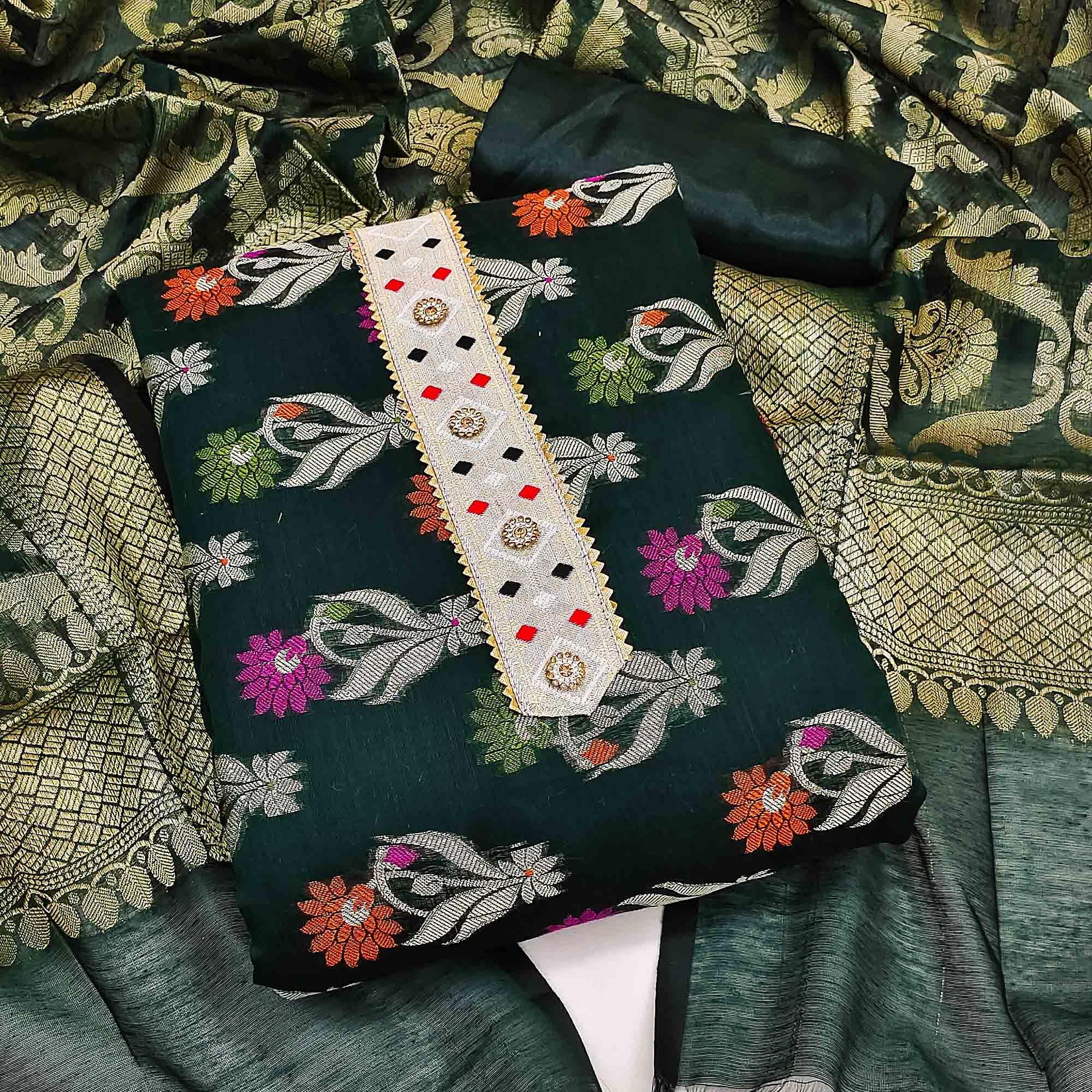 Green Woven Banarasi Dress Material