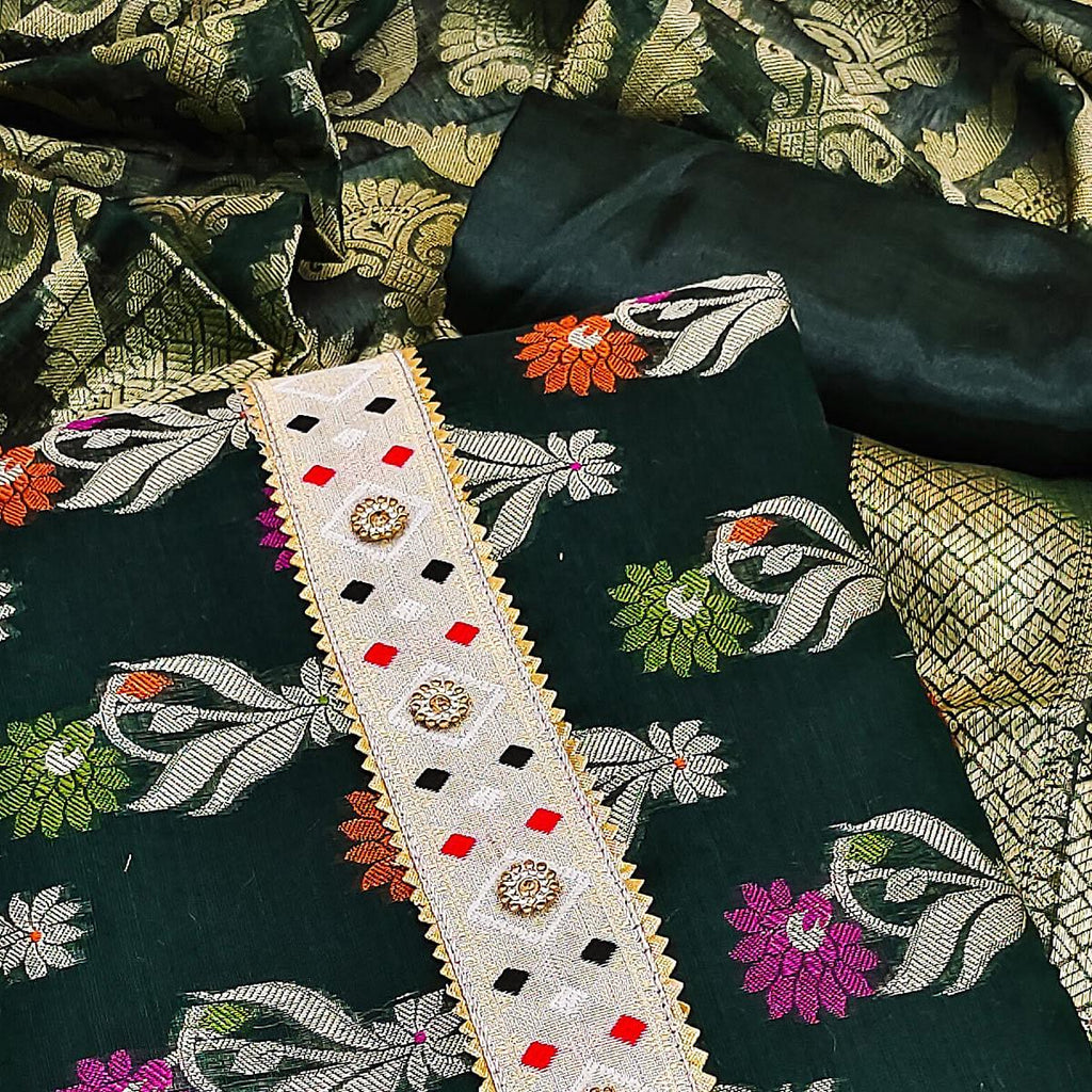 Green Woven Banarasi Dress Material