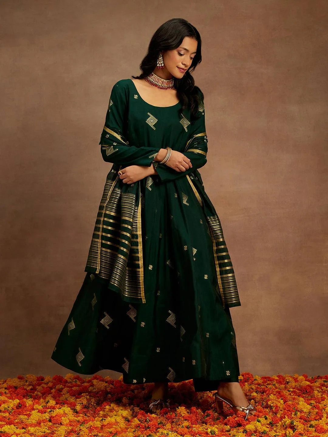 Green Woven Design Chanderi Silk Anarkali Suit With Dupatta