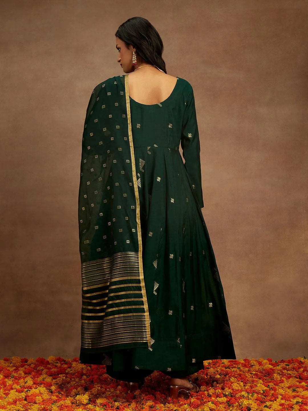 Green Woven Design Chanderi Silk Anarkali Suit With Dupatta