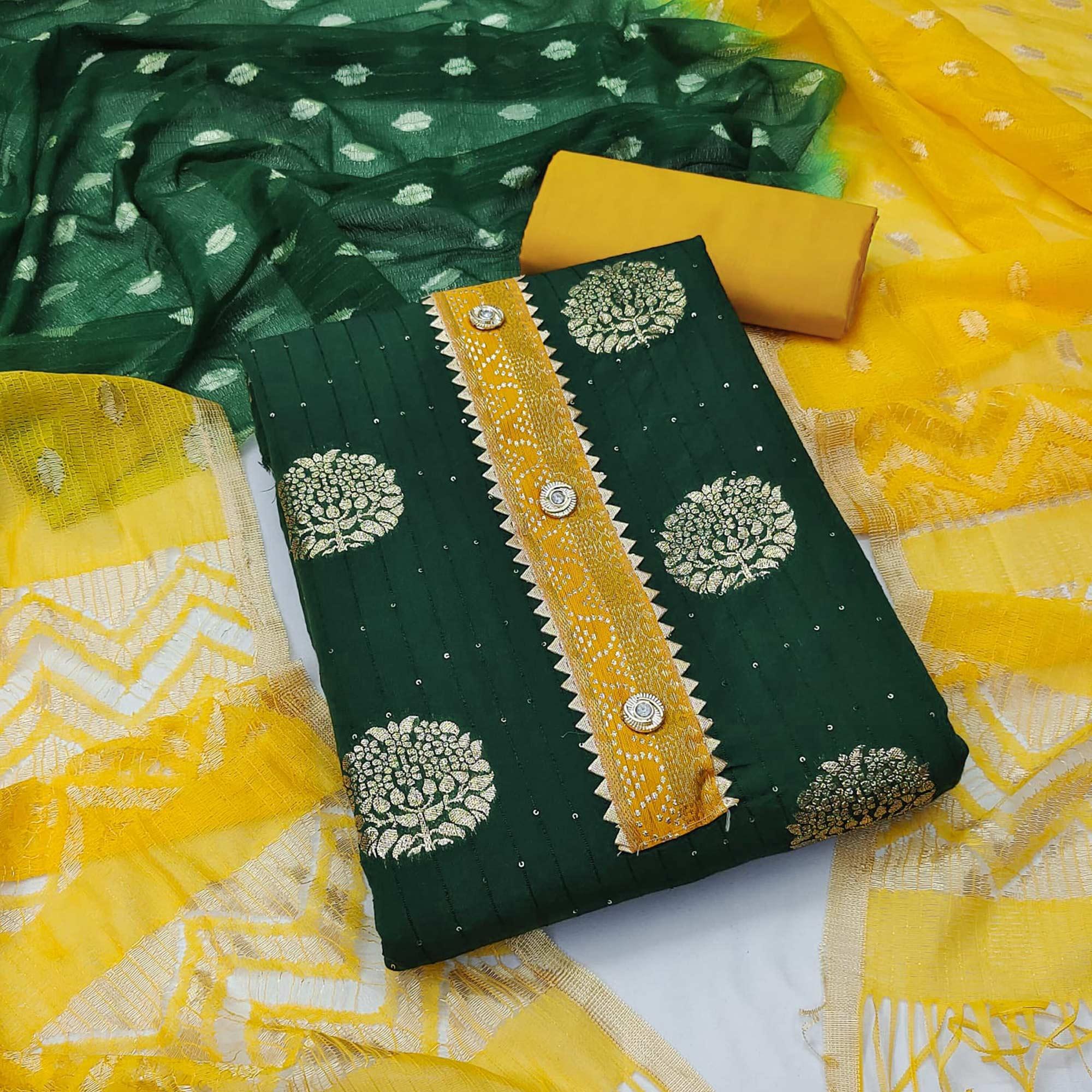 Green Woven Jacquard Dress Material