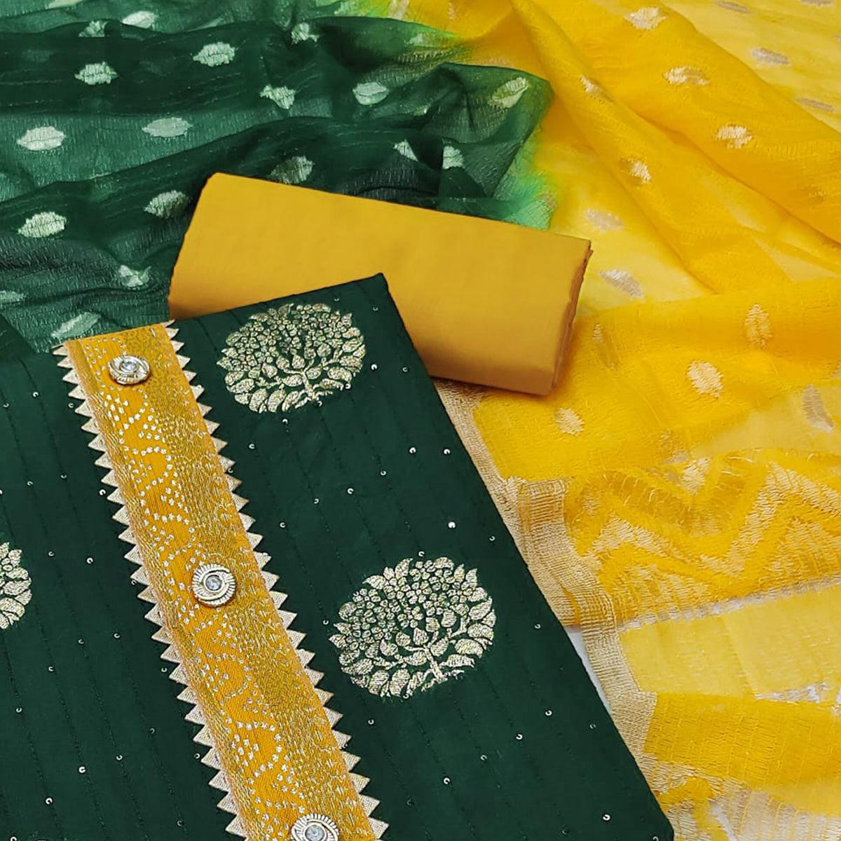 Green Woven Jacquard Dress Material