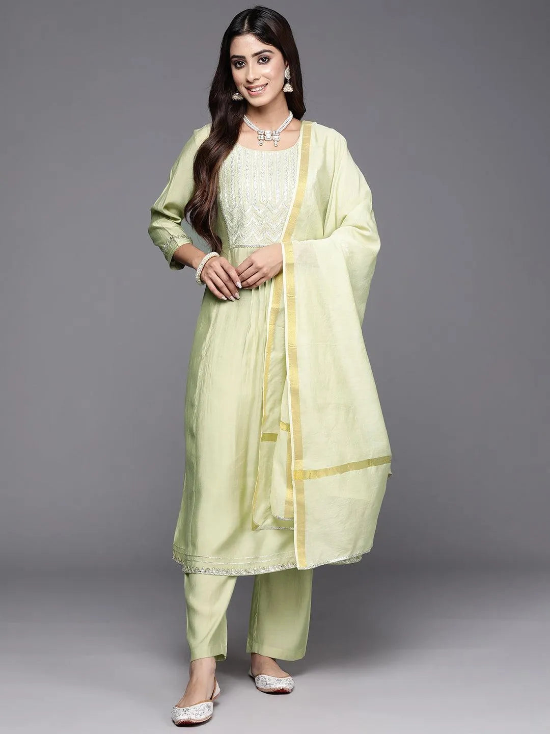 Green Yoke Design Silk Blend A-Line Kurta With Trousers & Dupatta