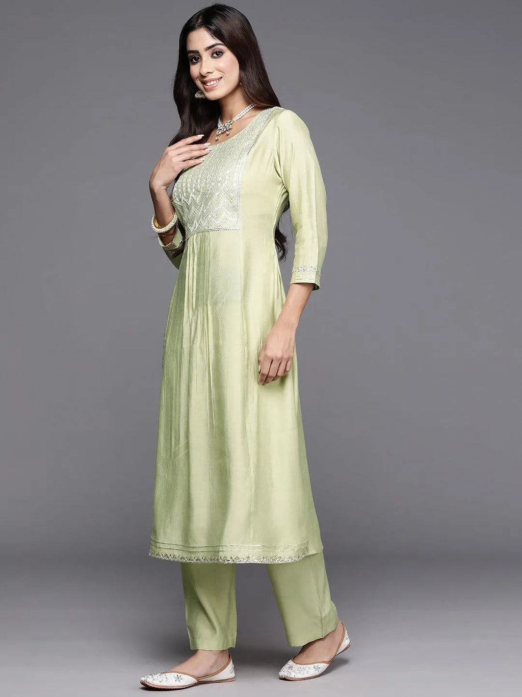 Green Yoke Design Silk Blend A-Line Kurta With Trousers & Dupatta
