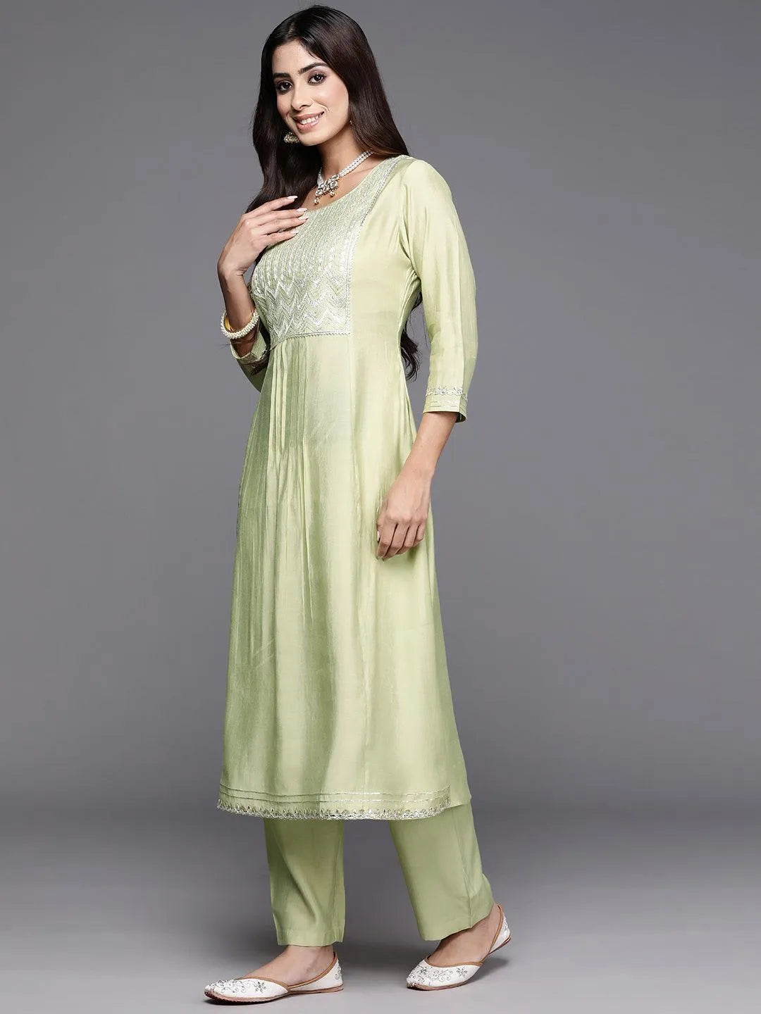 Green Yoke Design Silk Blend A-Line Kurta With Trousers & Dupatta