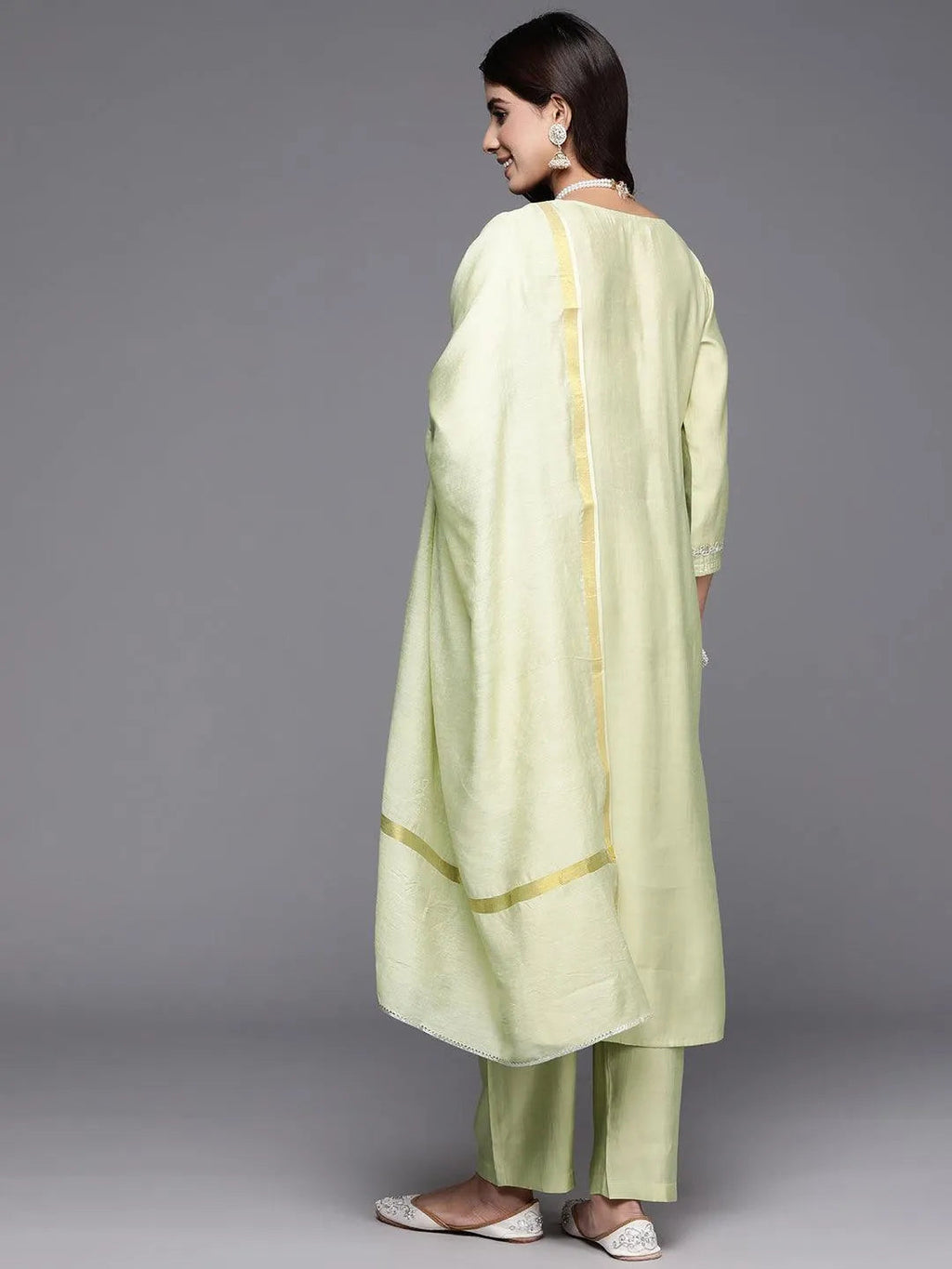 Green Yoke Design Silk Blend A-Line Kurta With Trousers & Dupatta