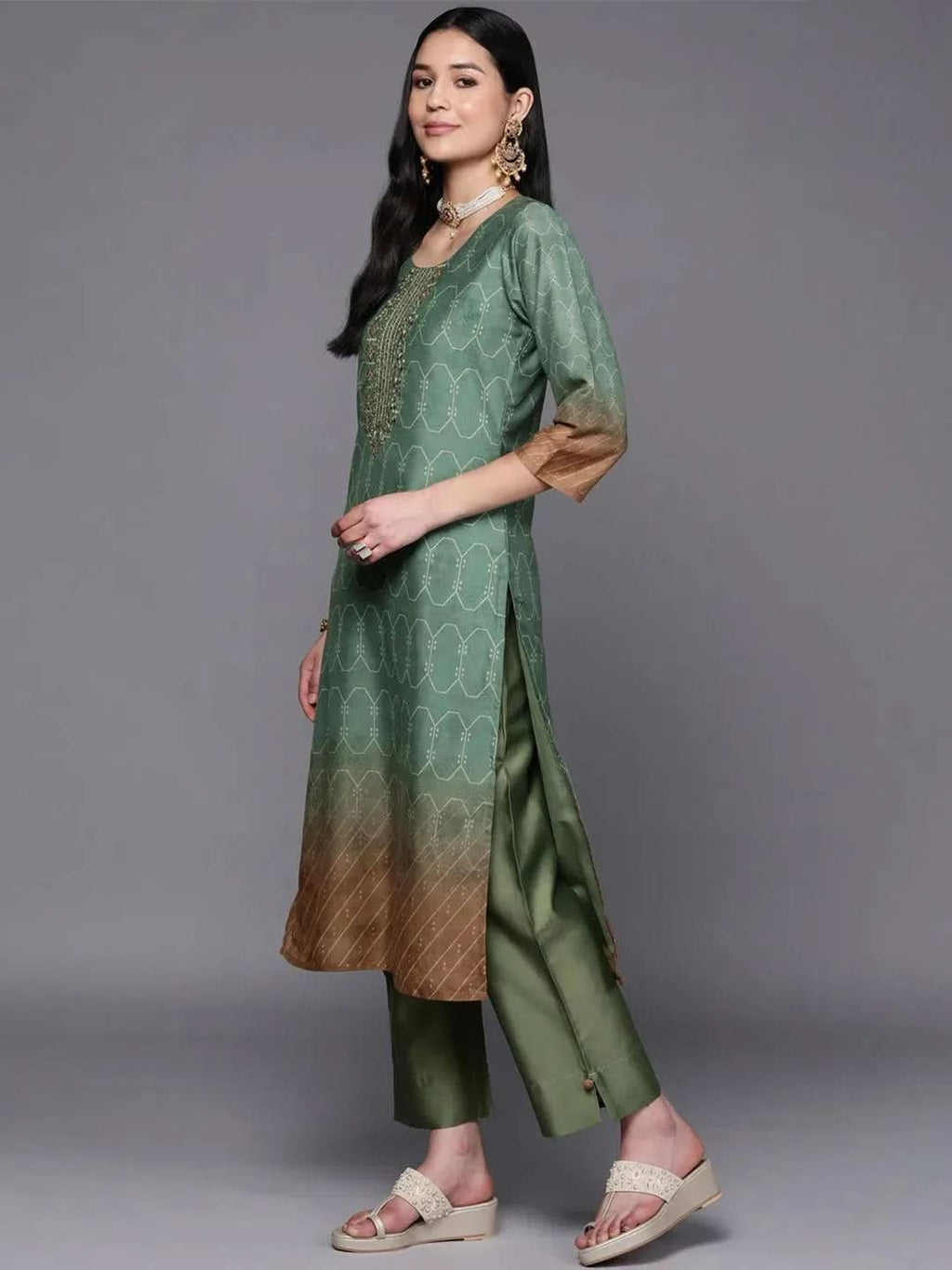 Green Yoke Design Silk Blend Straight Kurta With Trousers & Dupatta