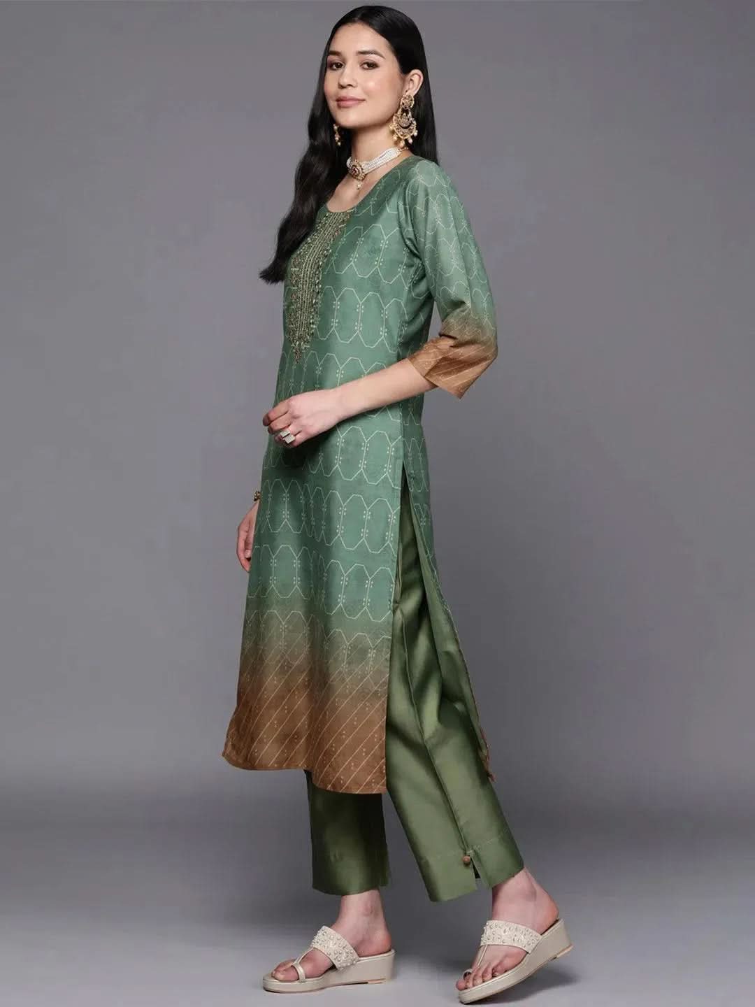Green Yoke Design Silk Blend Straight Kurta With Trousers & Dupatta