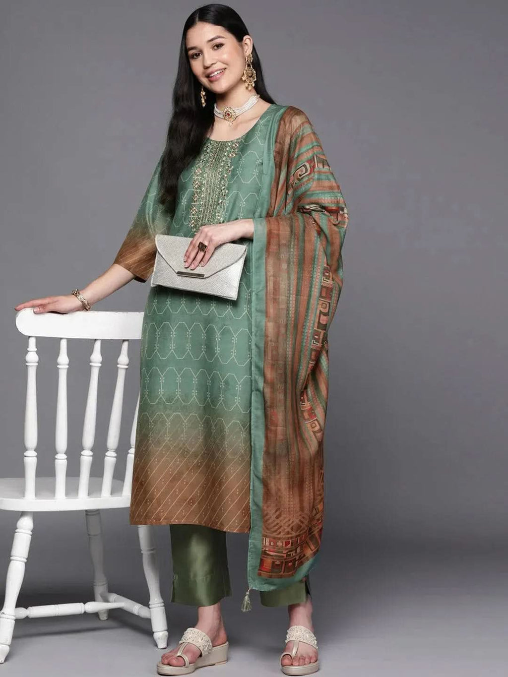 Green Yoke Design Silk Blend Straight Kurta With Trousers & Dupatta