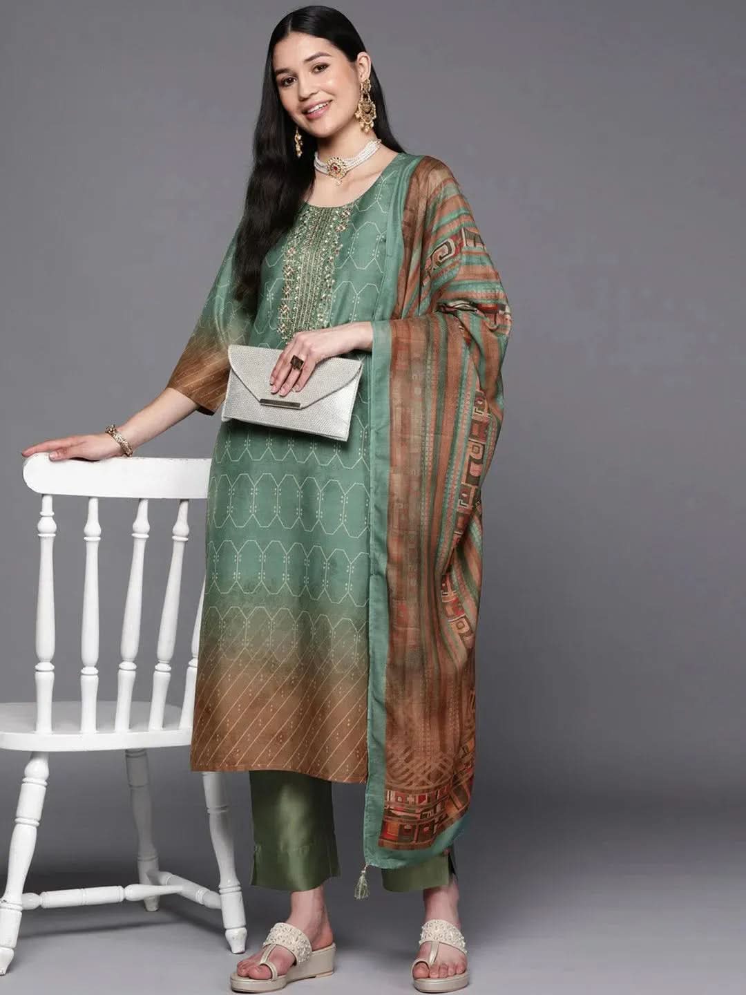 Green Yoke Design Silk Blend Straight Kurta With Trousers & Dupatta