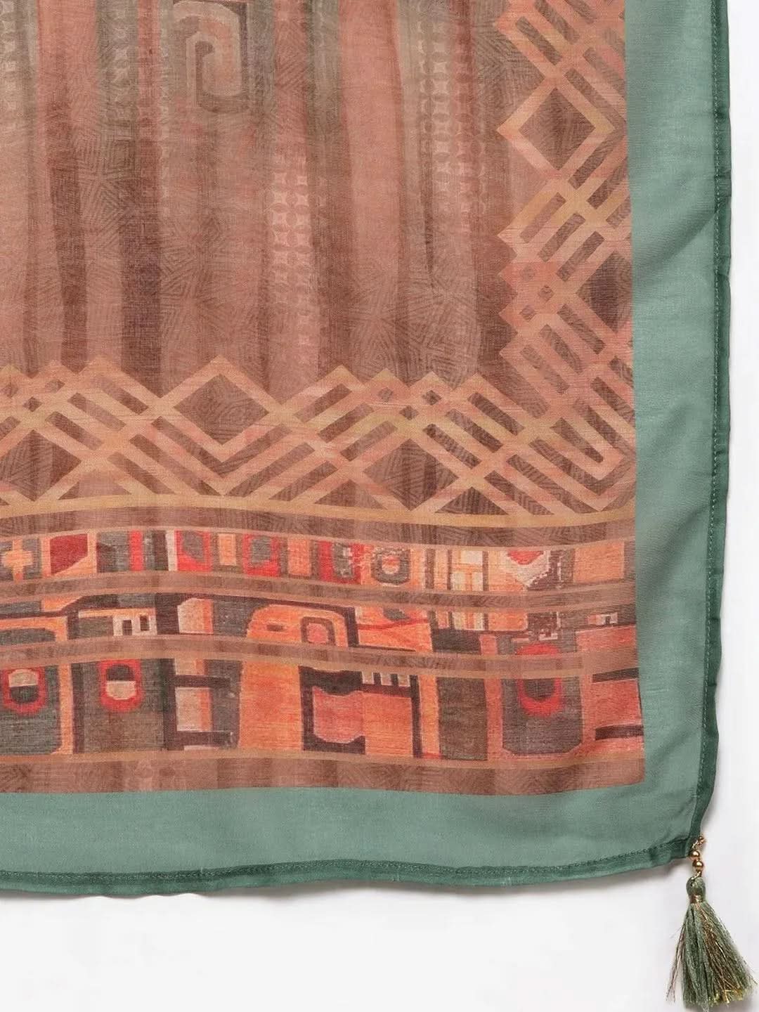 Green Yoke Design Silk Blend Straight Kurta With Trousers & Dupatta