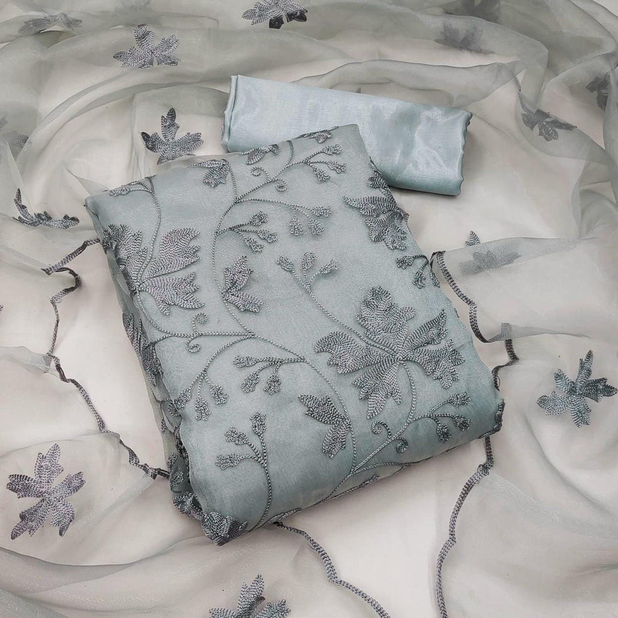 Grey Embroidered Organza Dress Material