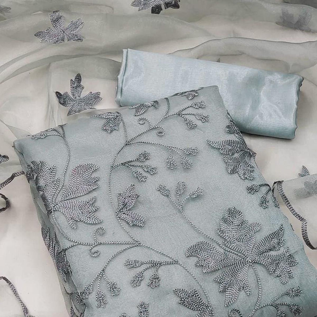 Grey Embroidered Organza Dress Material