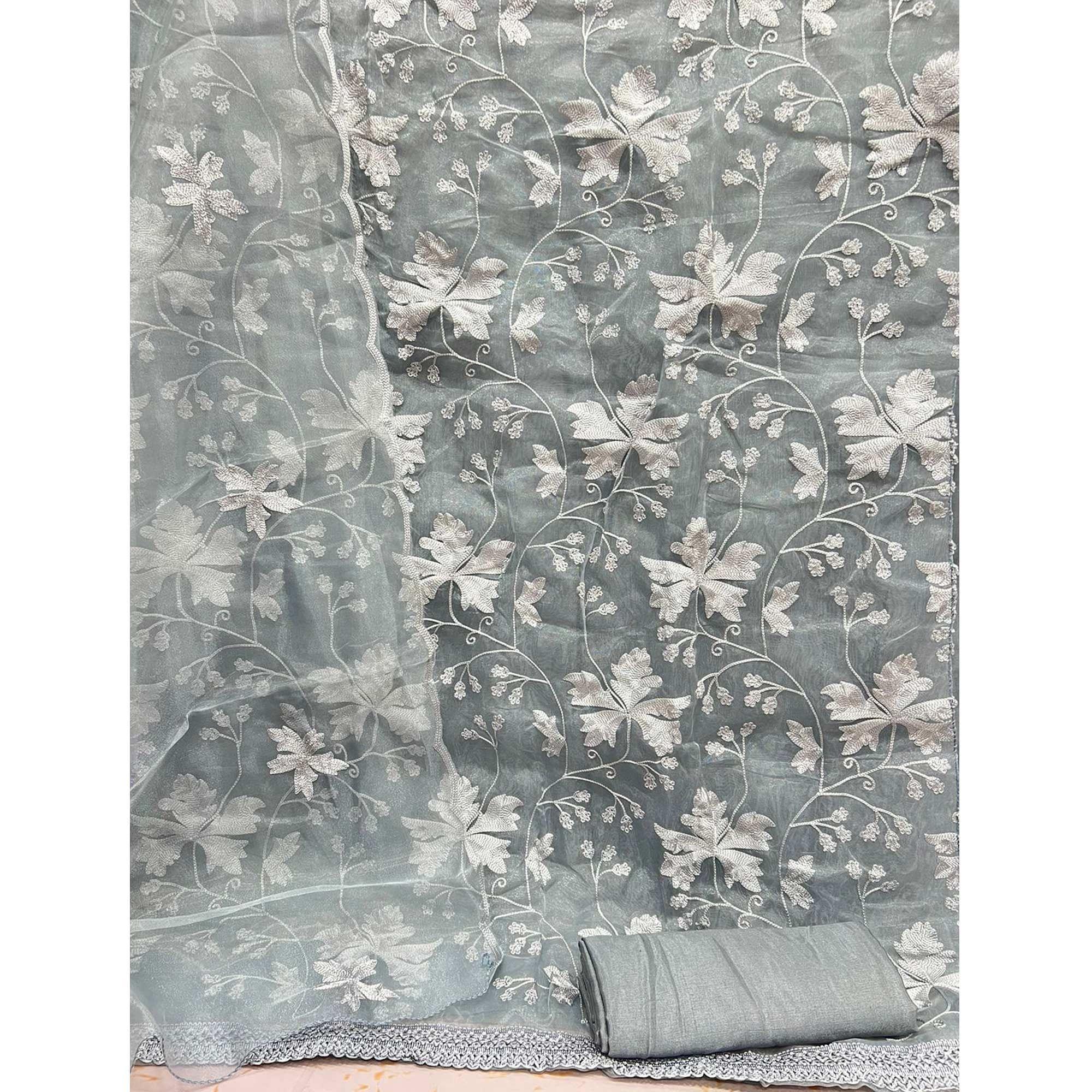 Grey Embroidered Organza Dress Material