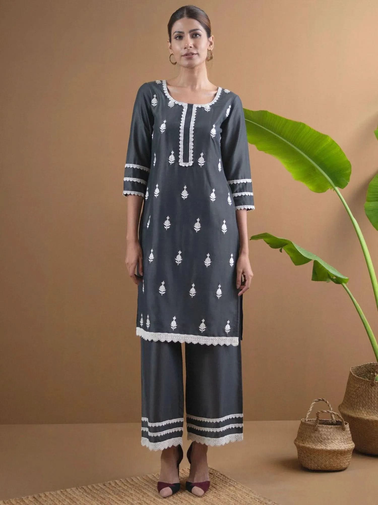 Grey Embroidered Shantoon Straight Kurta With Palazzos