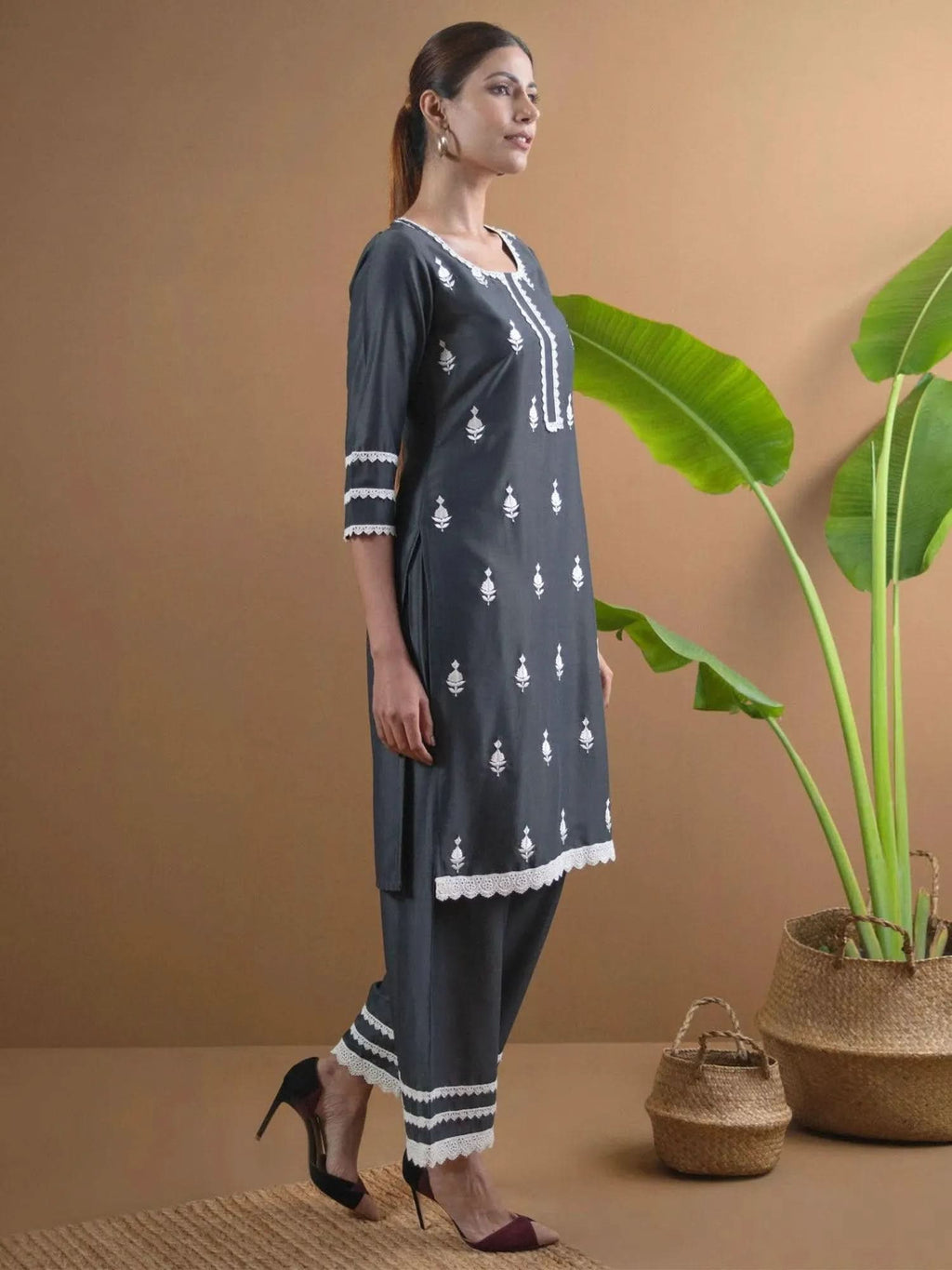 Grey Embroidered Shantoon Straight Kurta With Palazzos