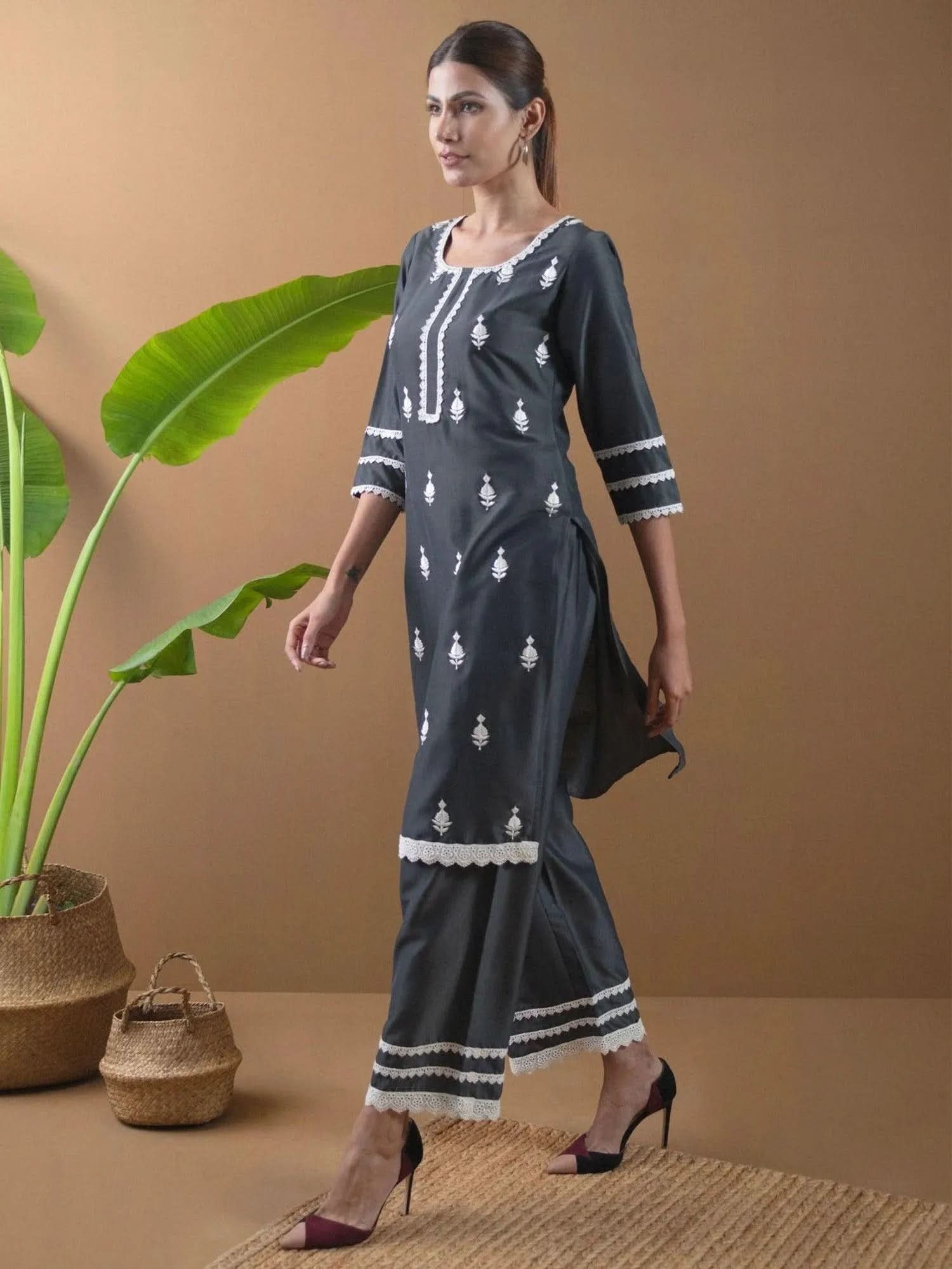 Grey Embroidered Shantoon Straight Kurta With Palazzos