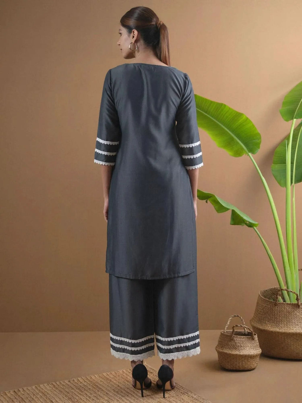 Grey Embroidered Shantoon Straight Kurta With Palazzos