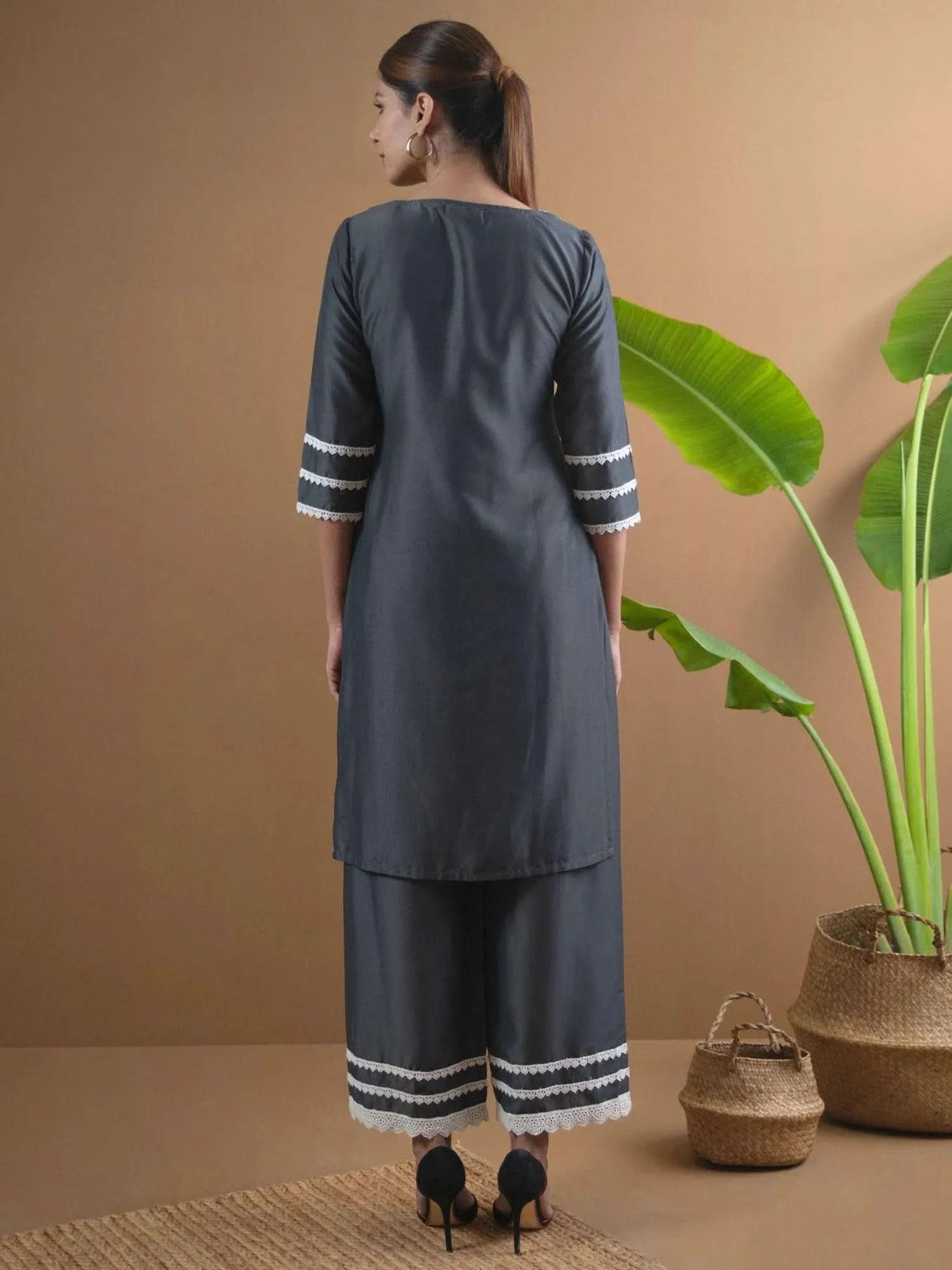 Grey Embroidered Shantoon Straight Kurta With Palazzos
